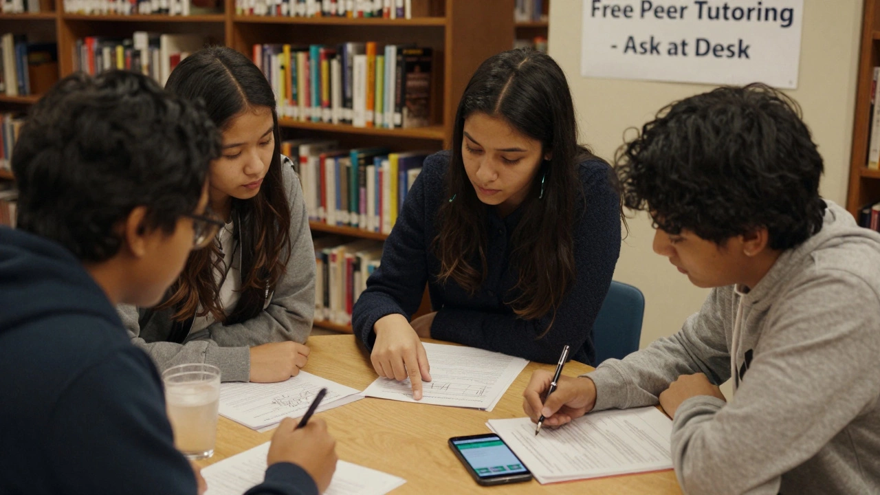 Three students studying together at a library table with printed materials and laptops.