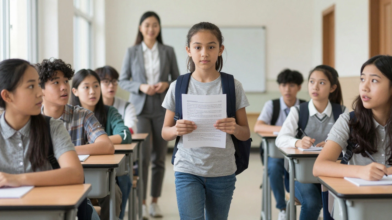 A girl walks into class holding her written story, smiling with newfound confidence.
