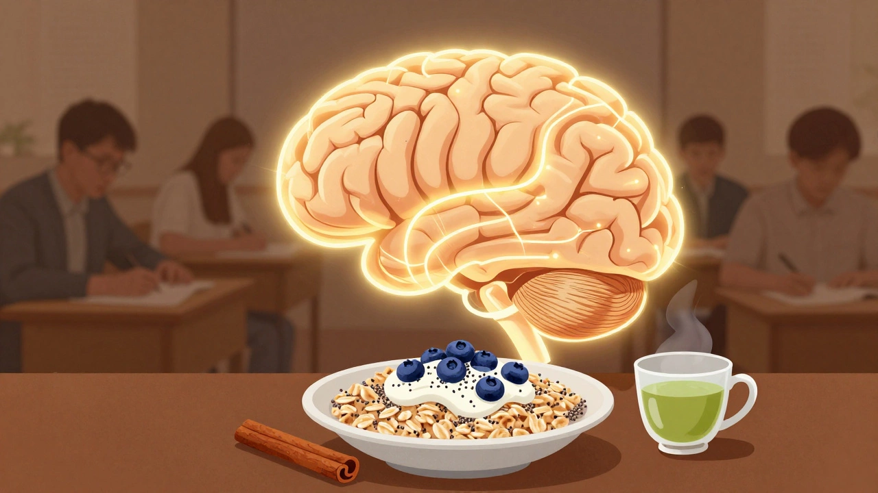 A glowing brain connected to a bowl of oatmeal, chia seeds, berries, and Greek yogurt with green tea.