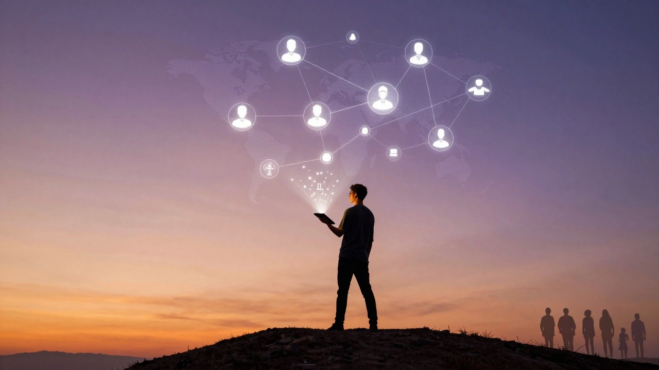 A person on a hilltop at sunset, holding a tablet projecting a network of global learners and resources.