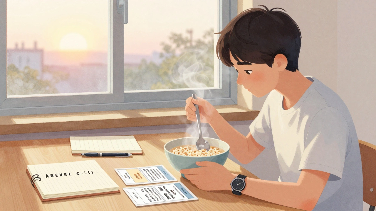 A student eating oatmeal at a quiet study desk with flashcards and sunrise light streaming in.