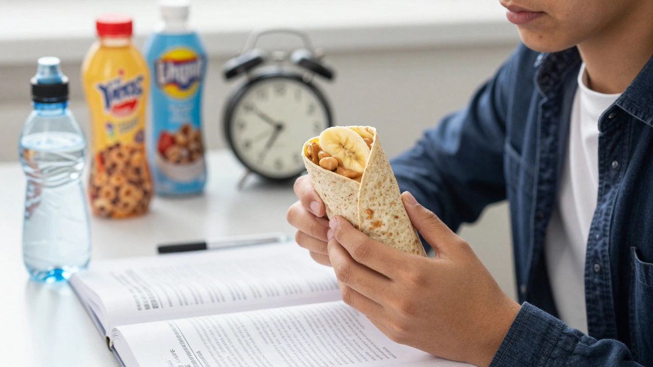 A student holding a peanut butter and banana wrap before an exam, with water and textbook nearby.