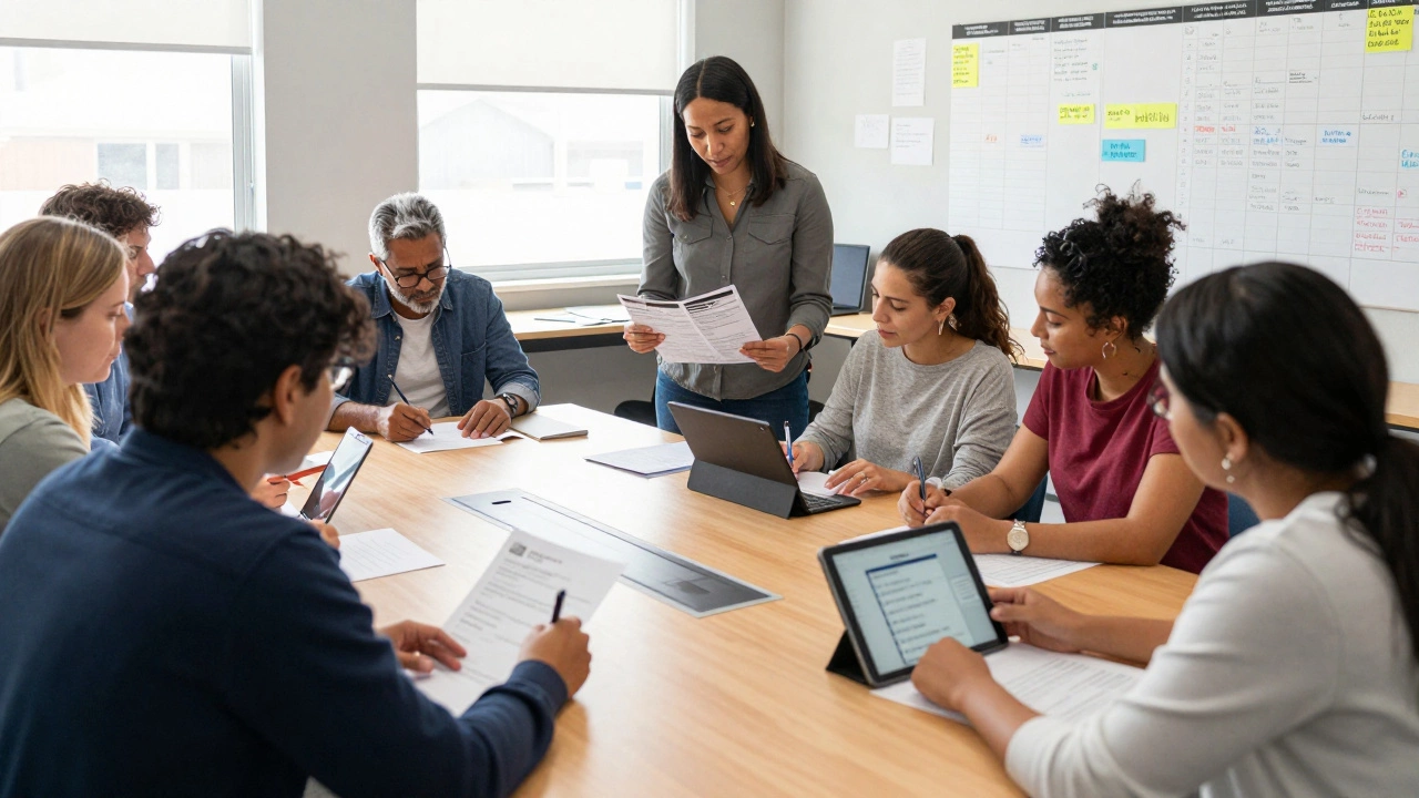 Adult learners in a community center work together on practical skills like reading labels and writing resumes.