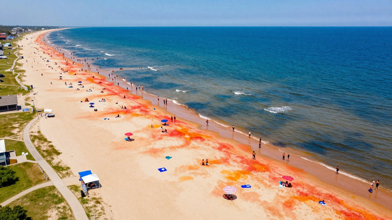 Aerial view of Virginia Beach coastline showing the extended warm season from late May to early October.