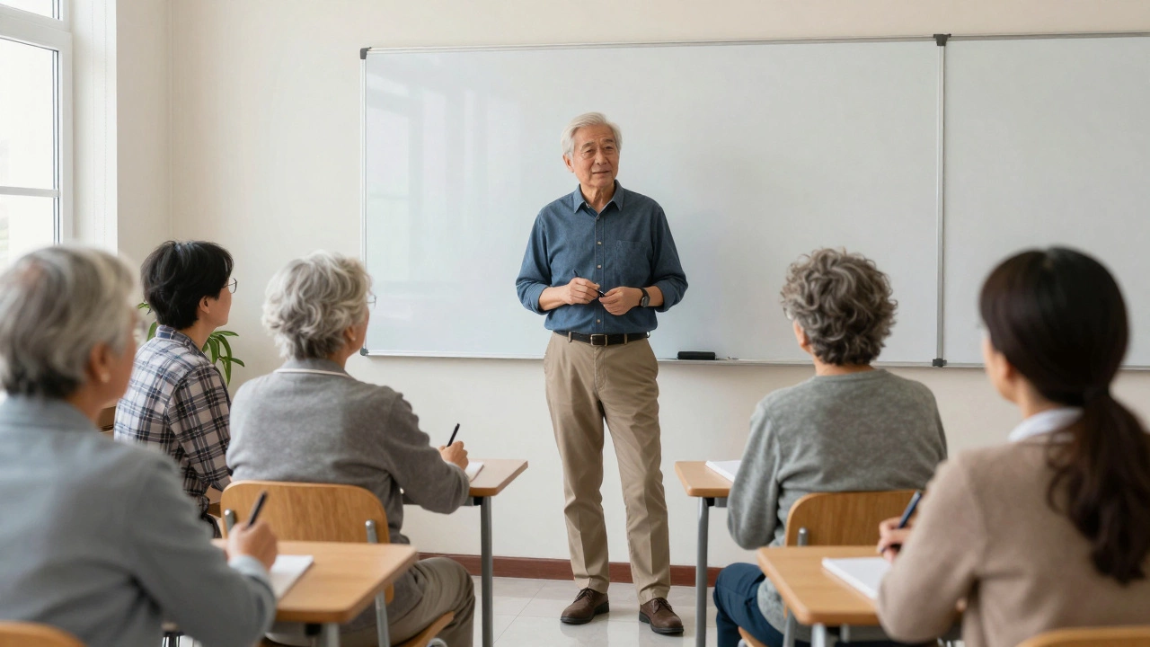 An older adult teaches a small group, sharing personal experience at a community classroom whiteboard.