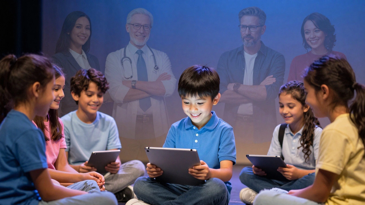 Child uses speech tablet to tell a story during school play, adult role models faintly visible in background.