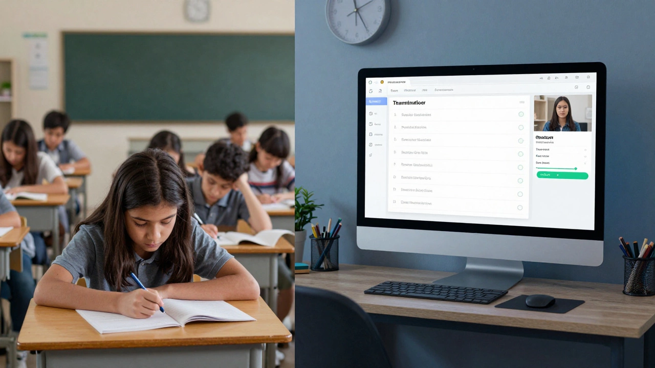 Contrasting scene: chaotic traditional classroom versus peaceful, tech-enabled home learning environment.