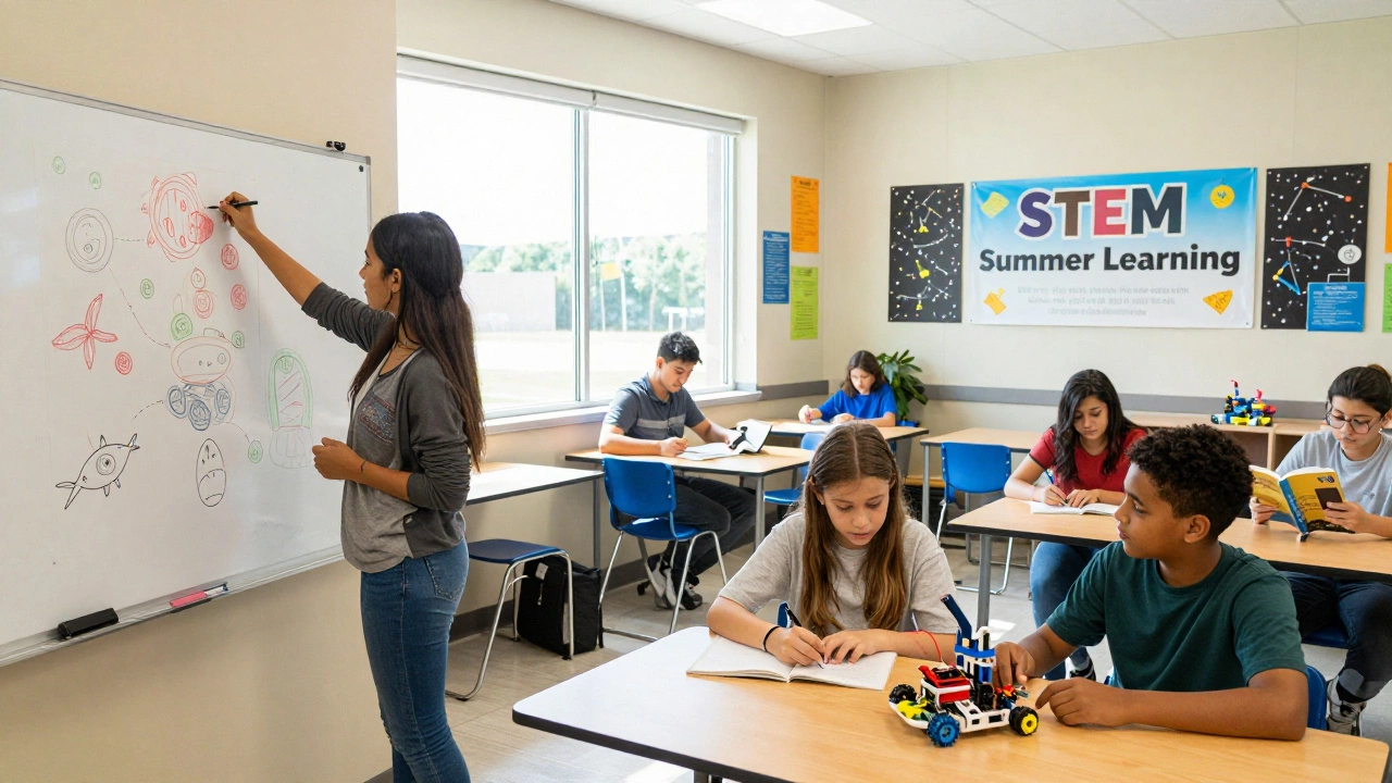 Students engage in a summer enrichment program with robotics, drawing, and reading in a bright community center.