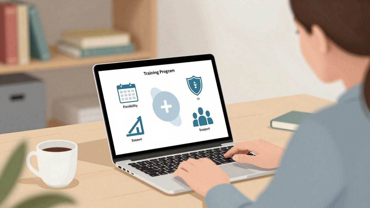 Teacher reviewing training program icons on a laptop in a home office.