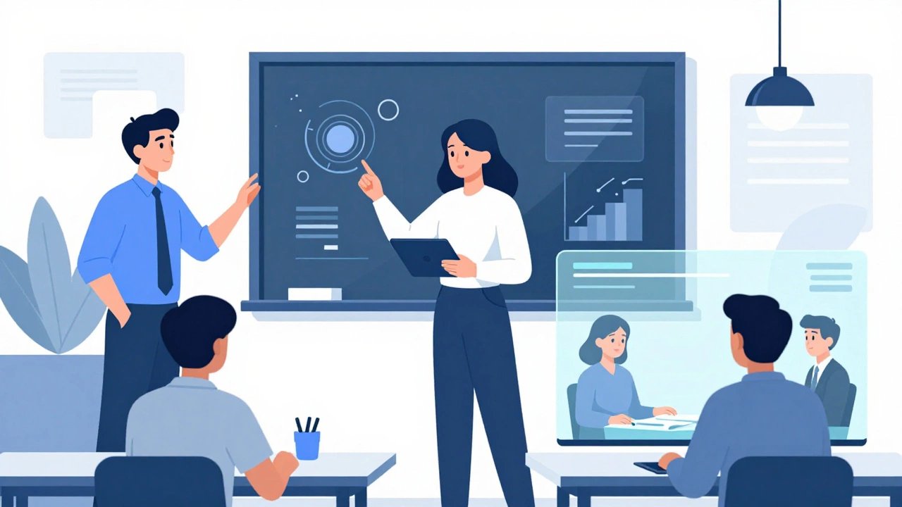 Three abstract scenes: mentoring, digital tools, and virtual collaboration.