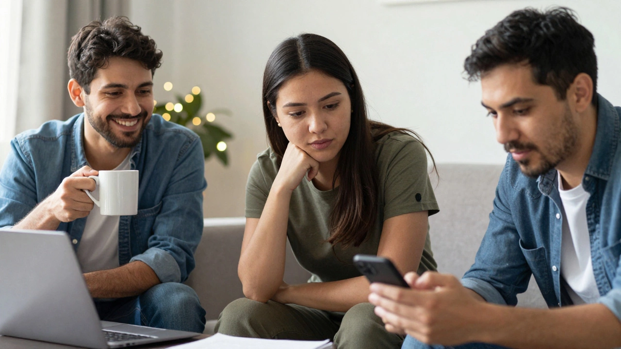 Three adults on a quiet Zoom call share a moment of connection over coffee, smiling in their home environments.