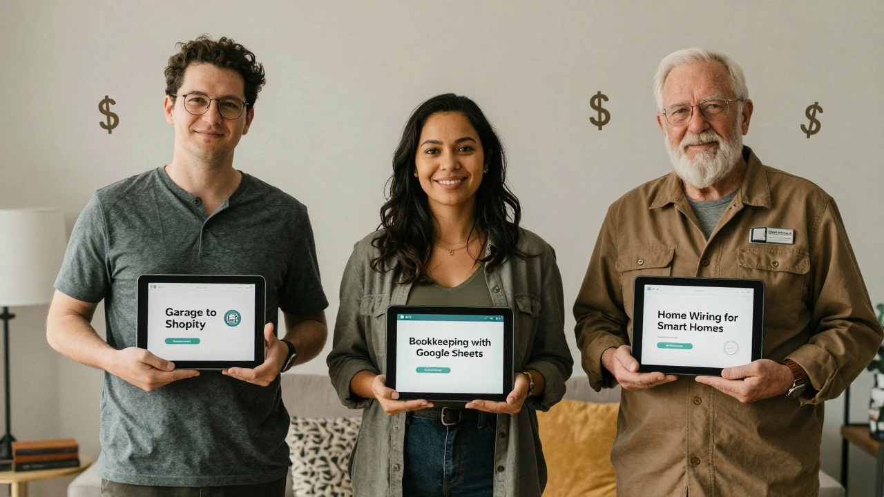 Three people holding tablets showing successful niche course sales in home settings.