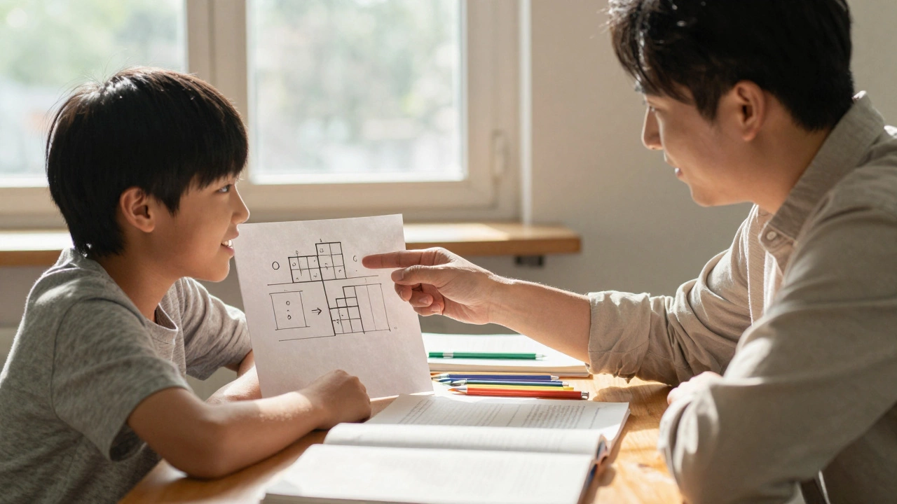 Tutor and student sharing a moment of understanding over math concepts with warm sunlight.