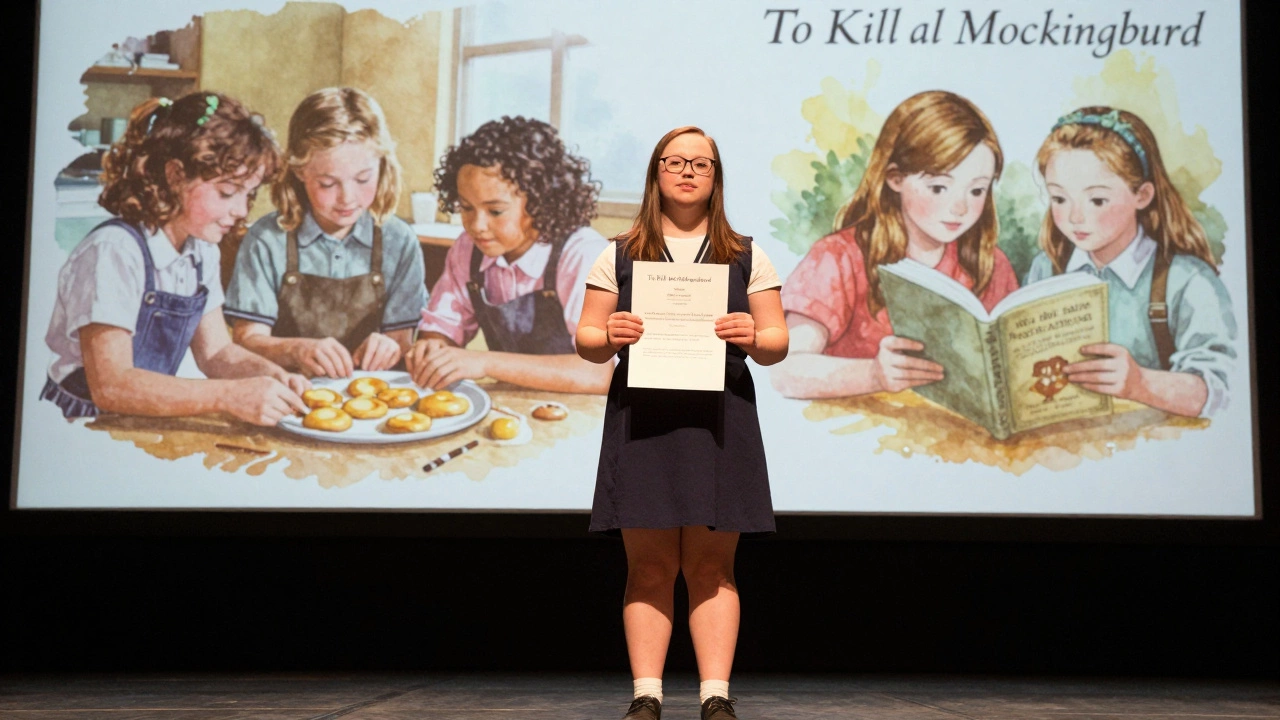 Young woman with Down syndrome holds an essay award on a college stage, past memories projected behind her.