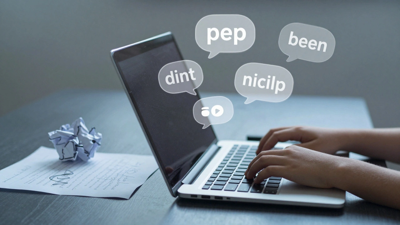 A child typing on a laptop as ideas float above, while handwritten work is left behind.