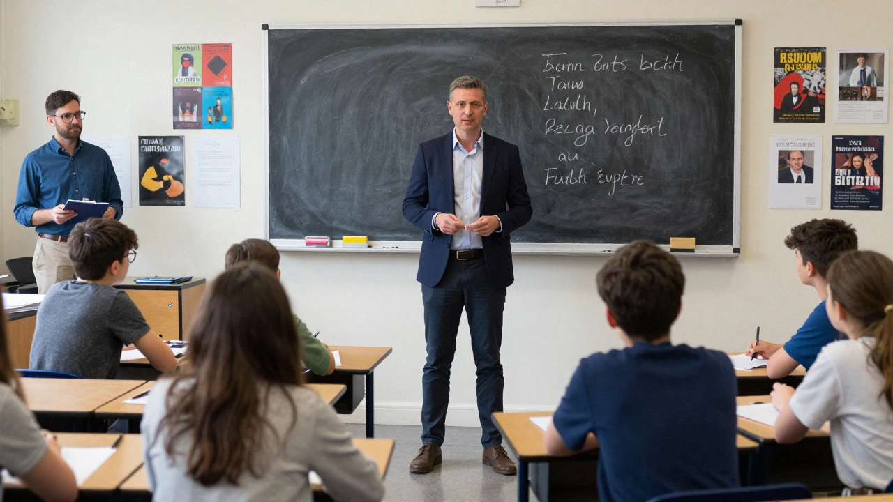 A former corporate worker teaching Year 9 English students in a London classroom.