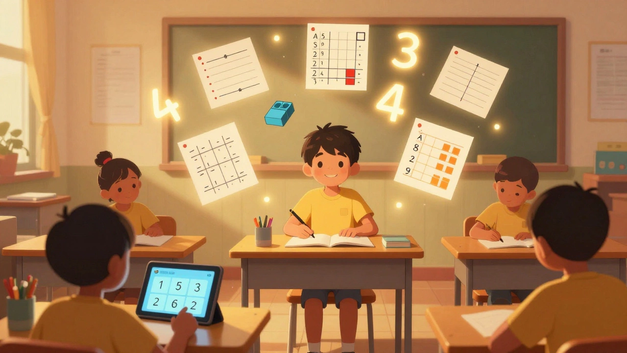 A student learning math with visual aids like number lines and blocks in a classroom setting.