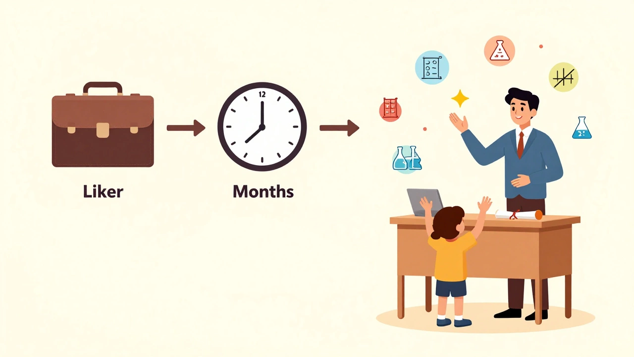A visual pathway showing career change to teaching with icons of subjects and a child reaching up.