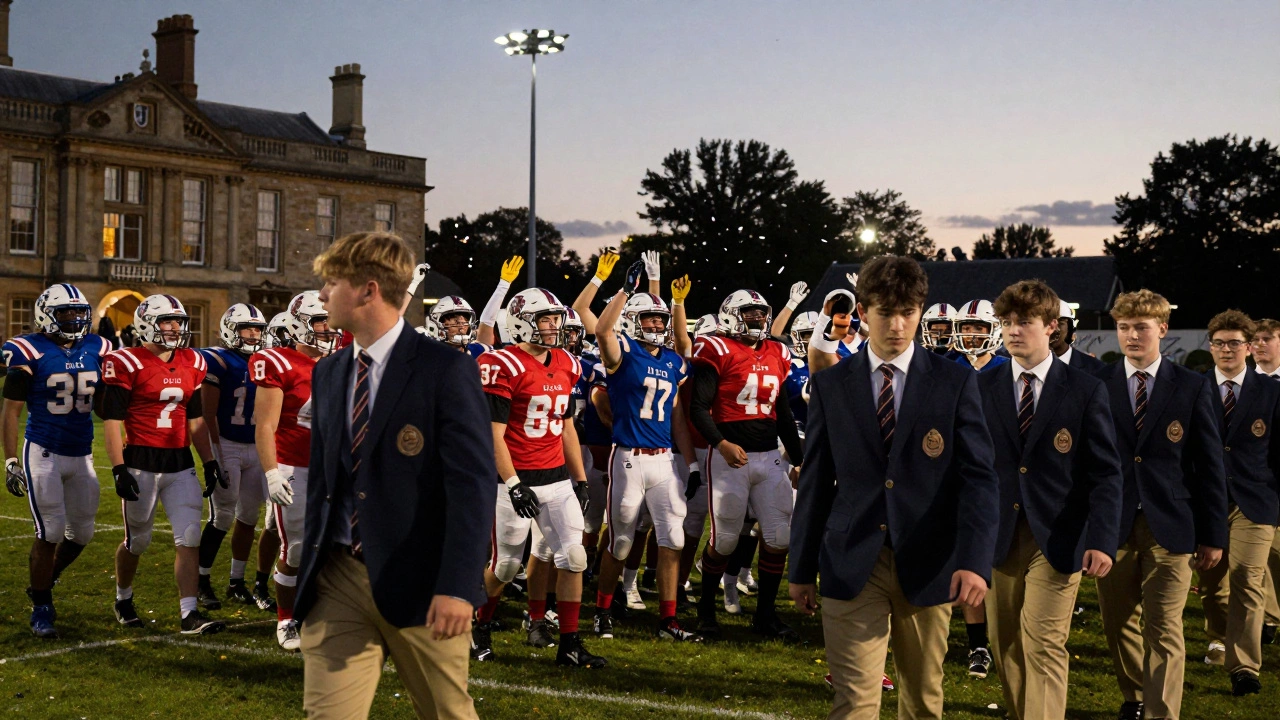 American sports team celebrating at night near British students in formal uniforms.