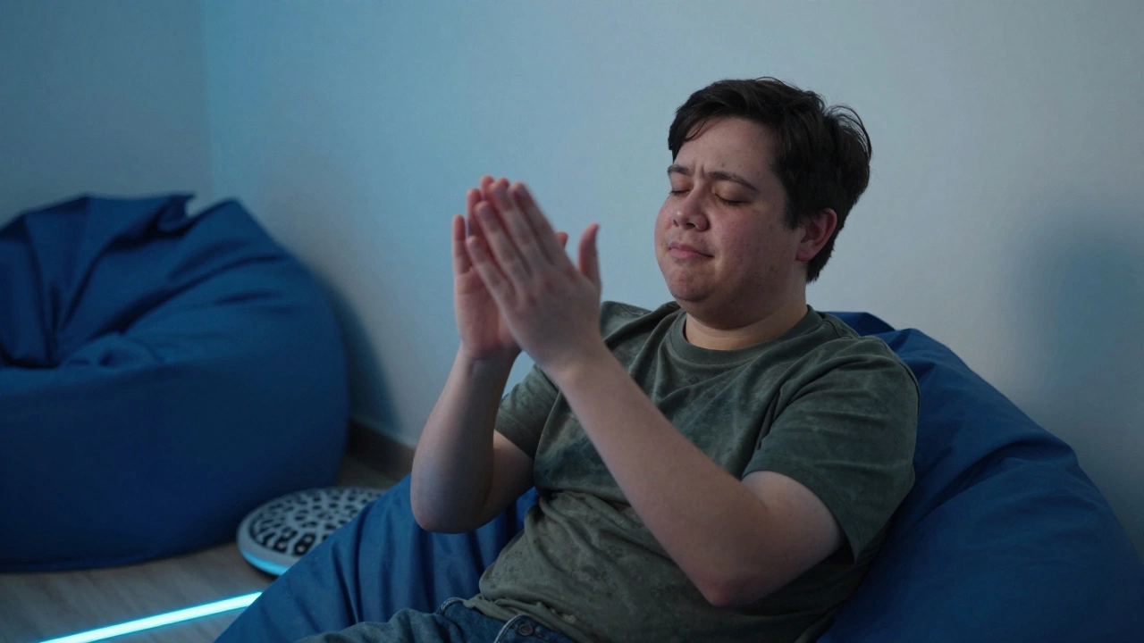 An adult calmly hand-flaps in a quiet sensory room with soft lighting and calming textures.