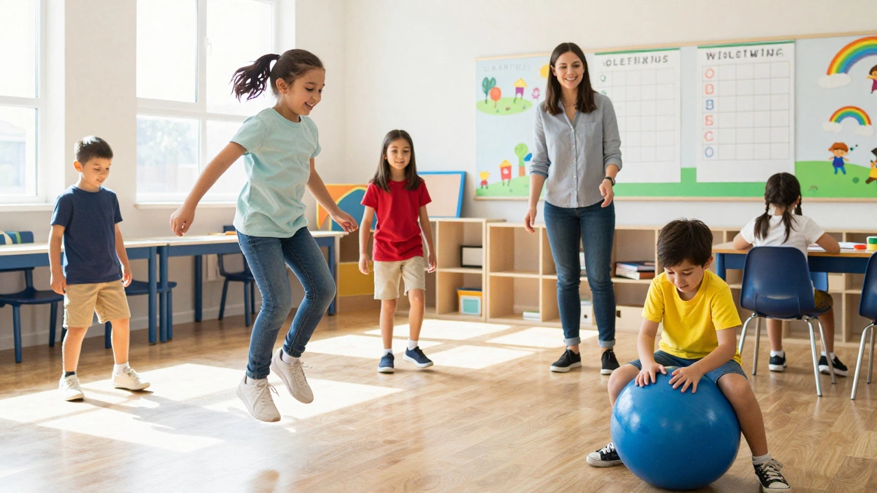 Children in a classroom engage in a supportive stimming break with movement and sound.