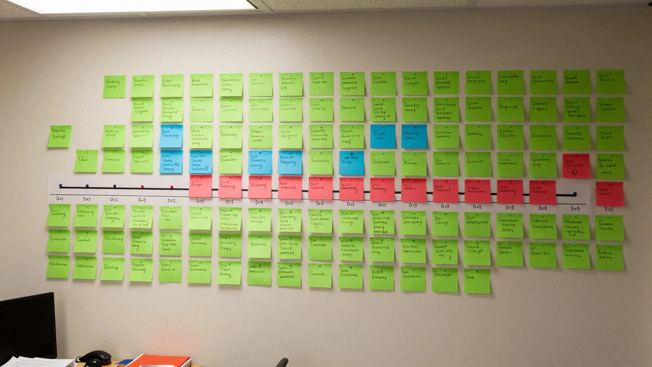 Color-coded sticky notes on a wall chart tracking GCSE revision schedule over 17 days.