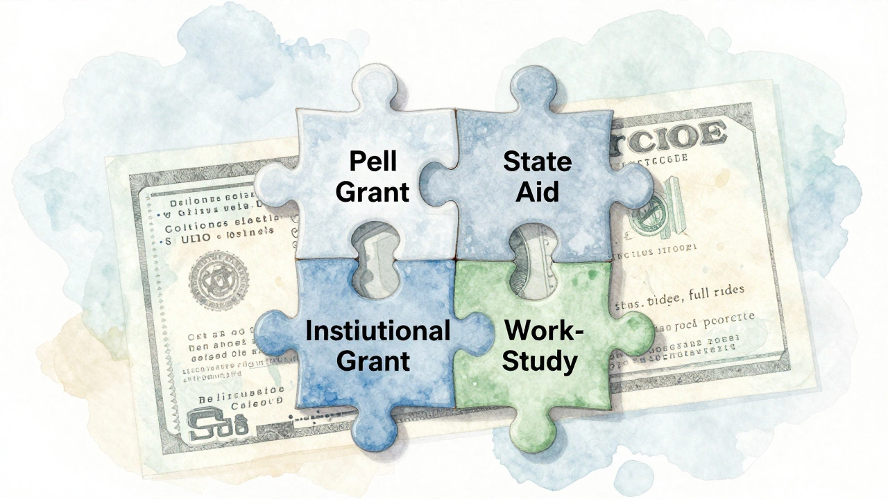 Financial aid components — Pell Grant, state aid, institutional grant, and work-study — fitting together to cover college costs.