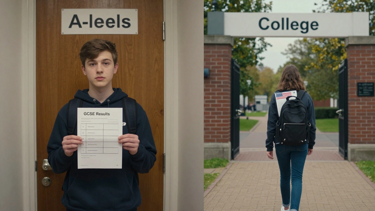 Side-by-side comparison of a UK student with GCSE results and a US student with SAT scores, each on different educational paths.