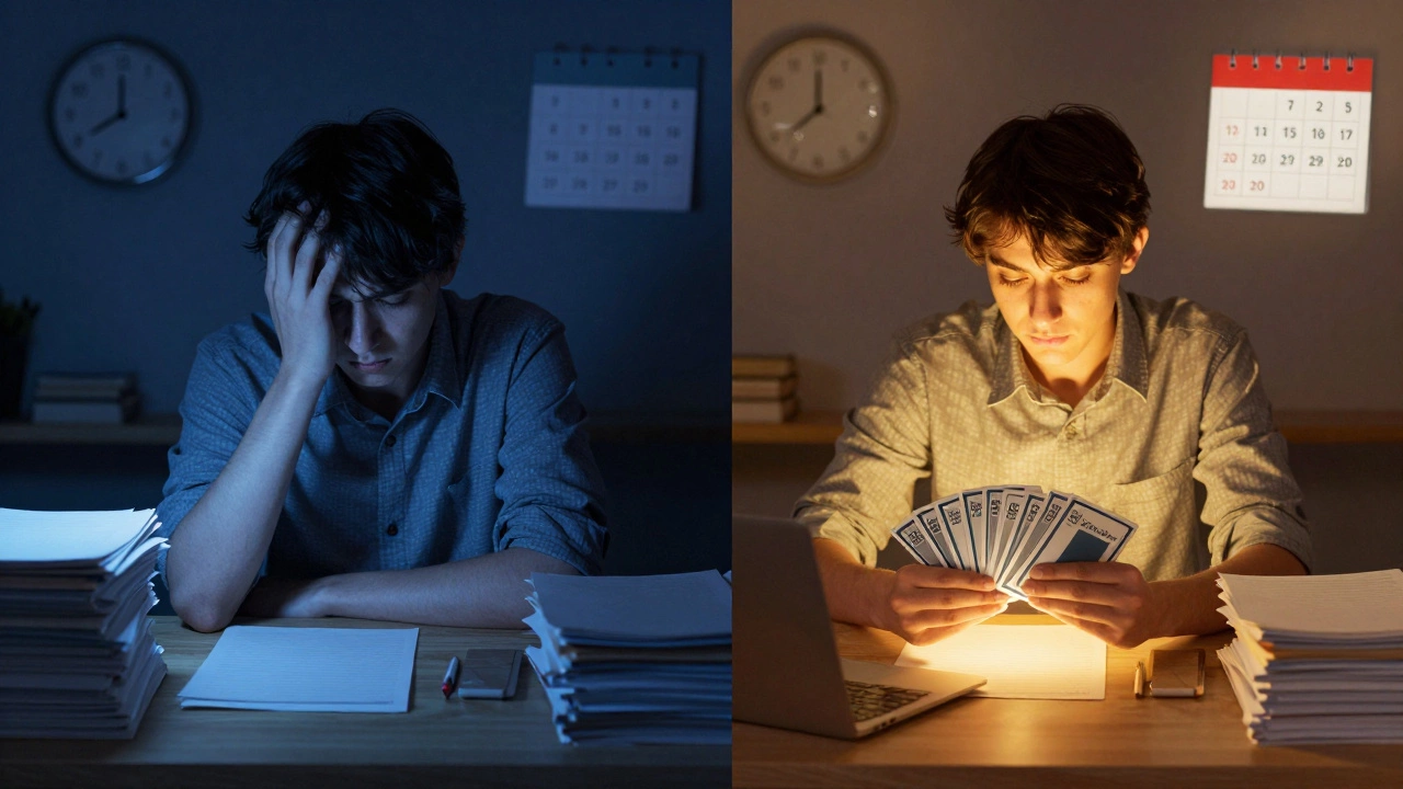 Split image: stressed cramming student vs calm student using spaced repetition method.