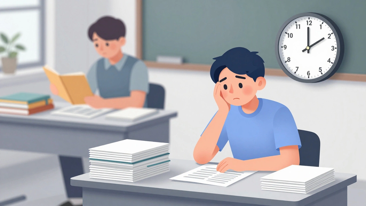 Student feeling exam stress compared to another managing cumulative coursework folders.