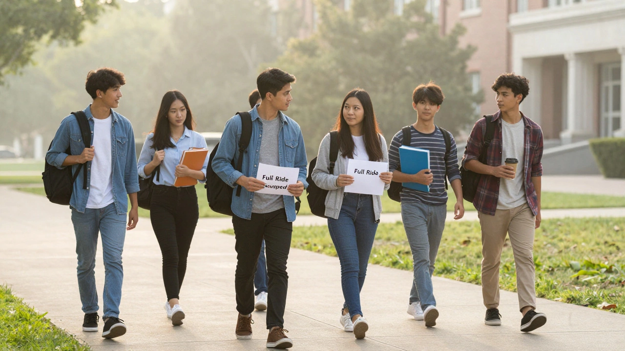 Students walking on a campus at dawn, one holding a letter indicating a full ride acceptance.