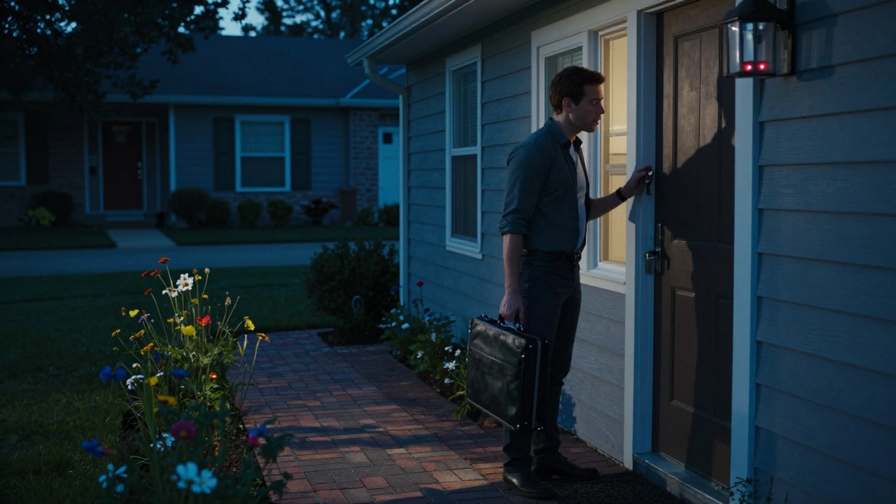 Tension-filled evening arrival at client home with security camera