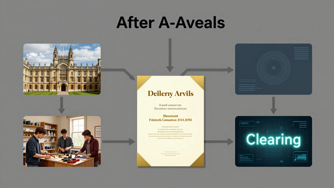 Three pathways branching from an A-level diploma: university, apprenticeship, and clearing system.