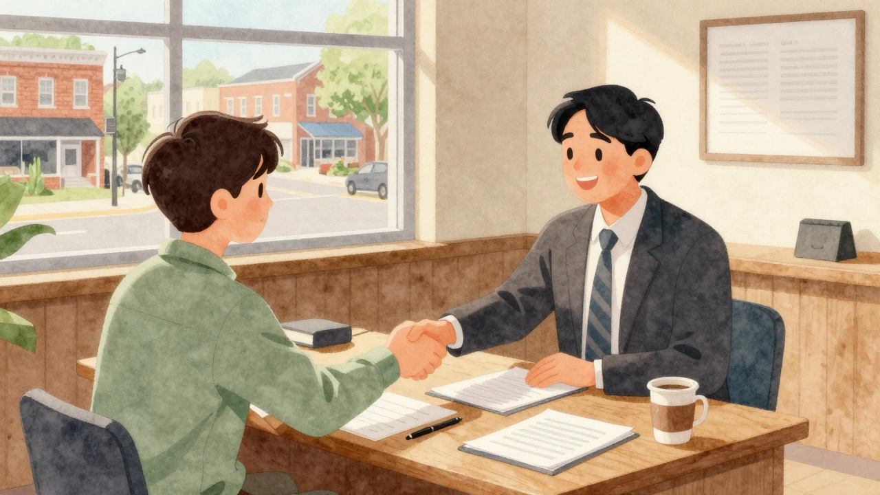 Watercolor painting of student meeting community grant official