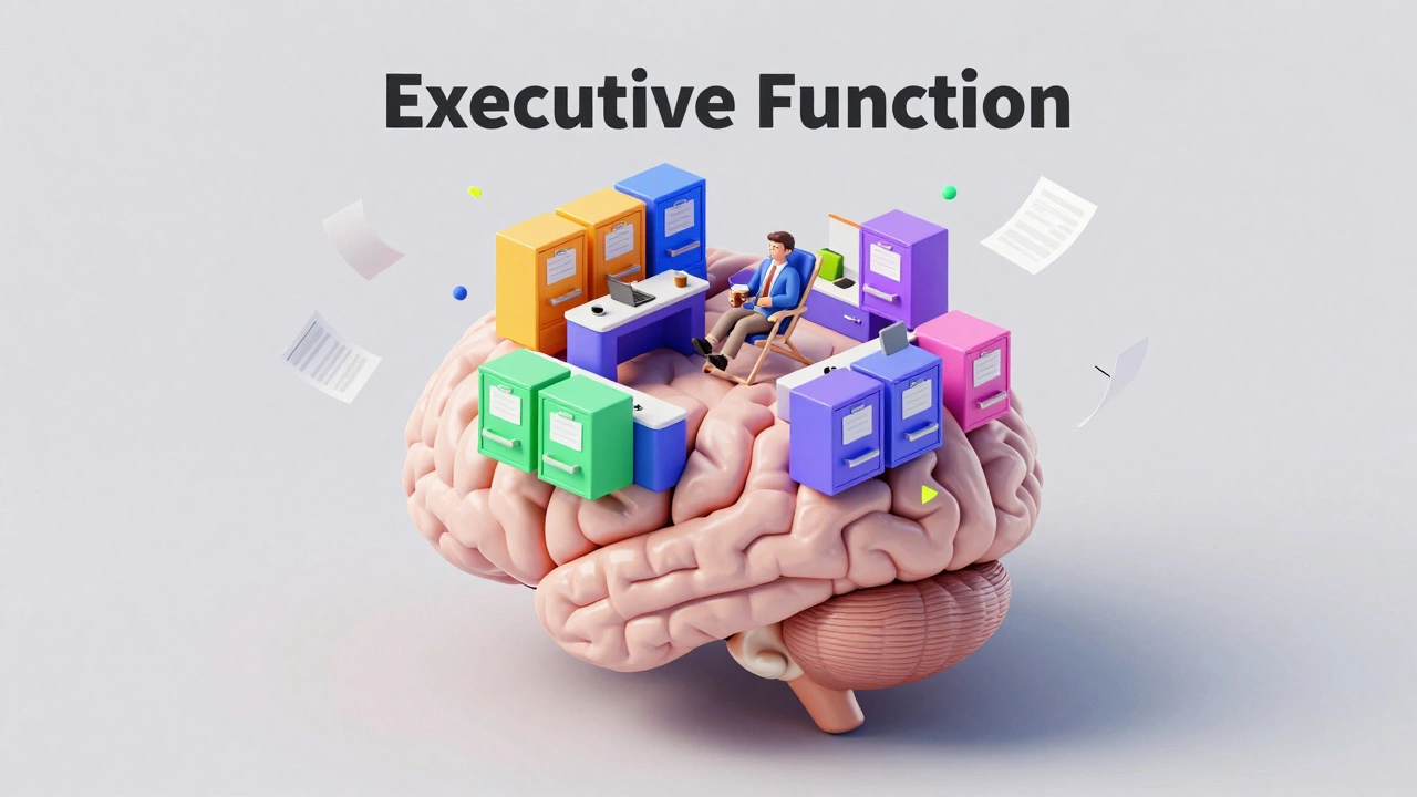 A conceptual 3D render of a brain's management center with a manager on a coffee break.