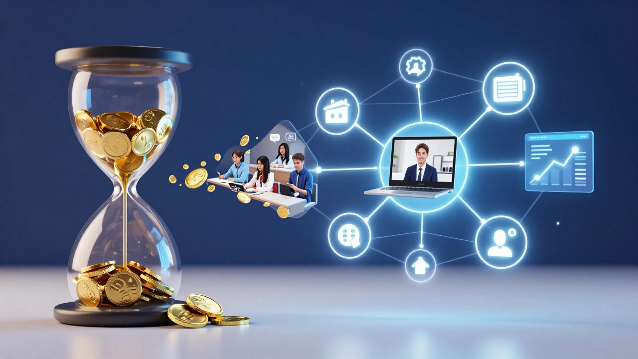 A conceptual image showing the shift from hourly tutoring to digital courses and group sessions.