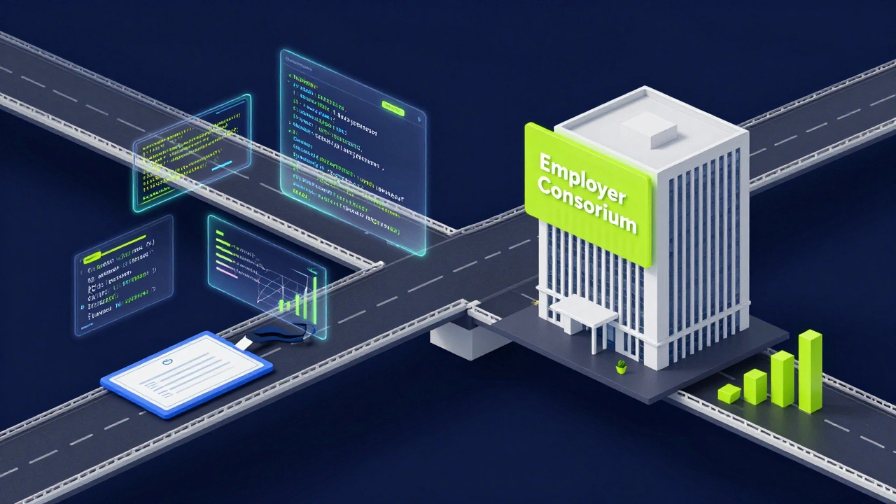 A digital bridge of skills and projects leading from a certificate to a corporate job.