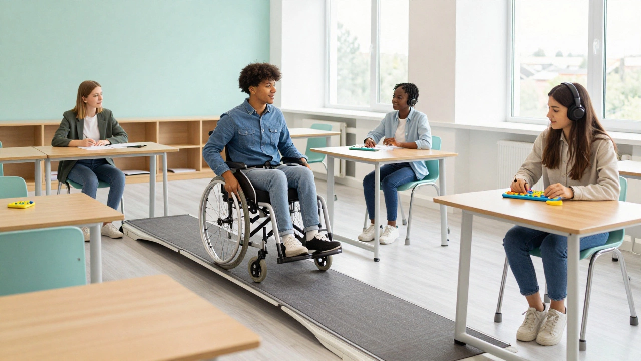 A modern inclusive classroom with a wheelchair ramp and tactile learning tools.