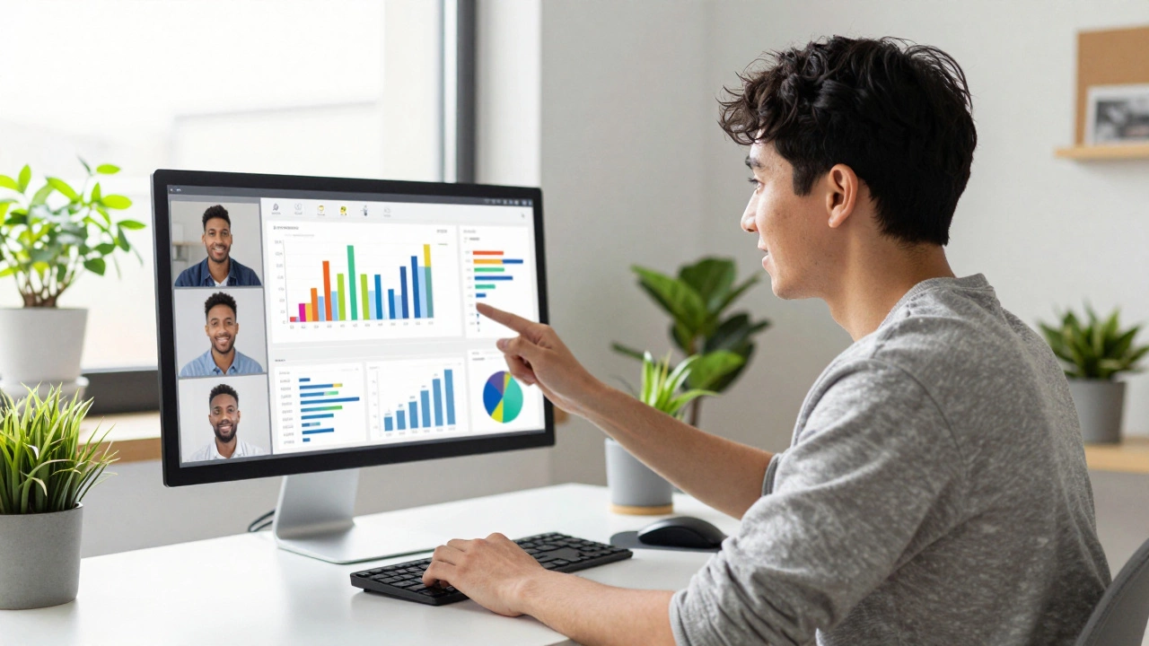 A professional presenting a data analytics project during a remote meeting.