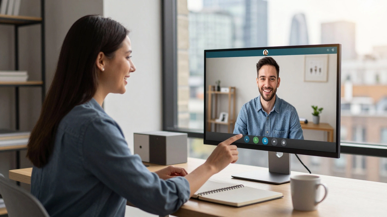 A professional tutor working from a modern home office using a virtual classroom on a monitor.