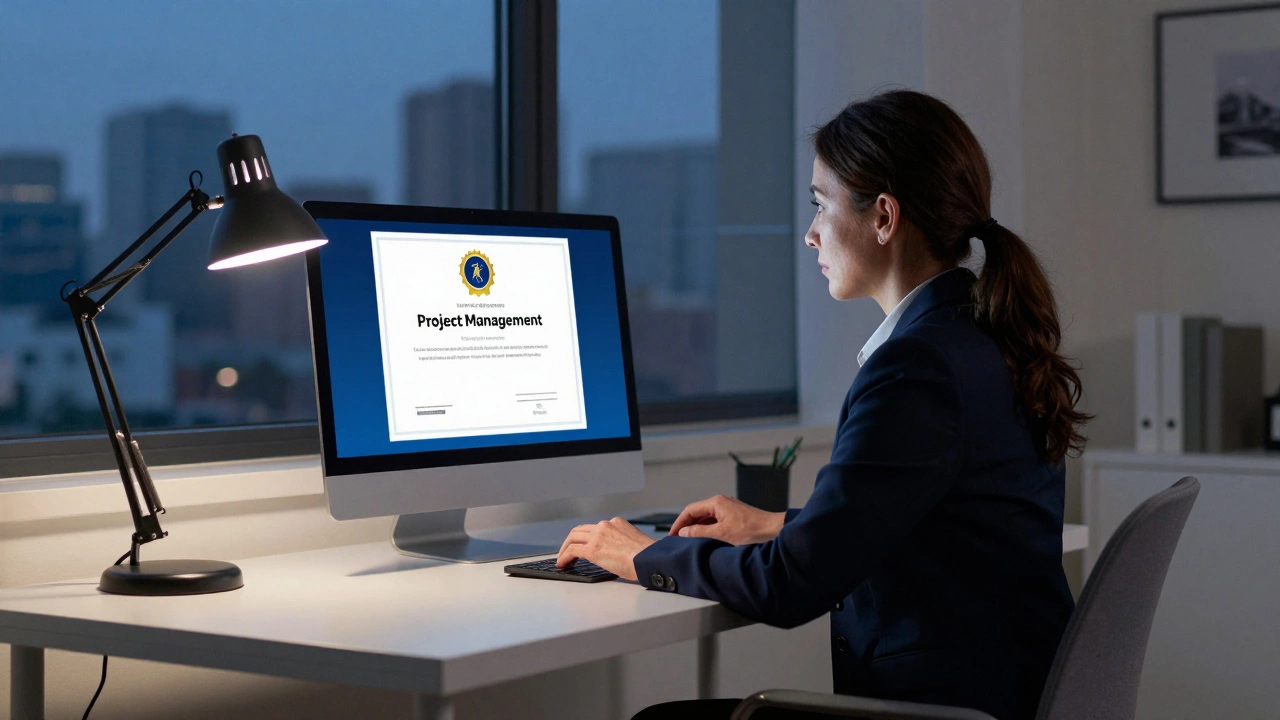 A professional woman studying for a corporate certification in her home office