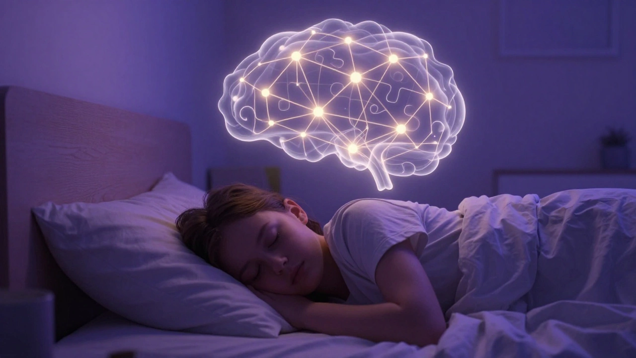 A sleeping student with a glowing cloud of neural connections above their head.