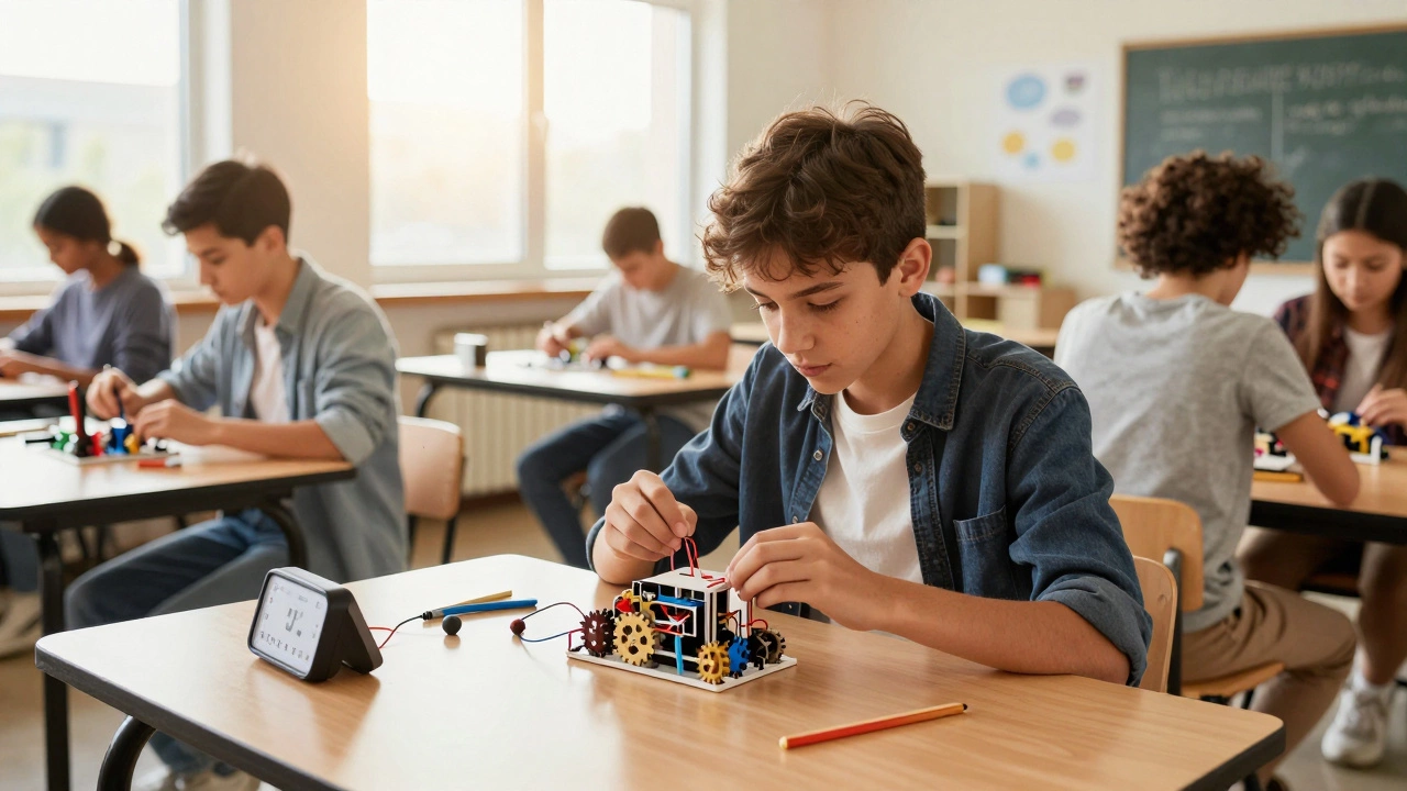 A student using a wobble stool while focused on building a complex mechanical model.