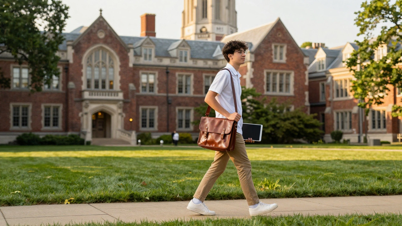 A student walking through a prestigious university campus during a summer program.