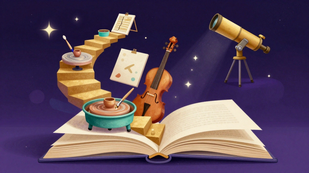 A surreal illustration of a book turning into a staircase of various artistic hobbies