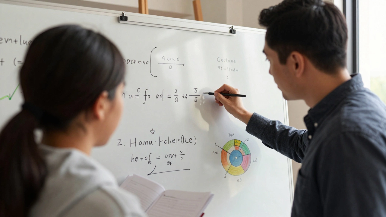 A tutor and a high school student collaborating actively with a whiteboard.