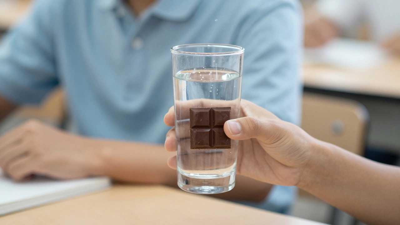 Close-up of a glass of water and a piece of dark chocolate in an exam setting