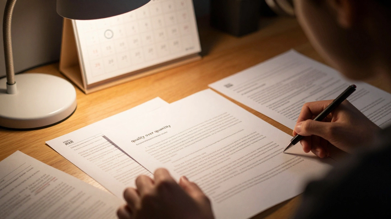 Close-up of a student's desk with a handwritten scholarship essay and research notes