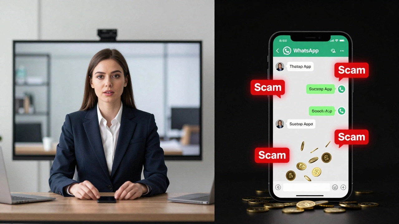 Comparison between a formal corporate video interview and a suspicious scam chat on a phone.