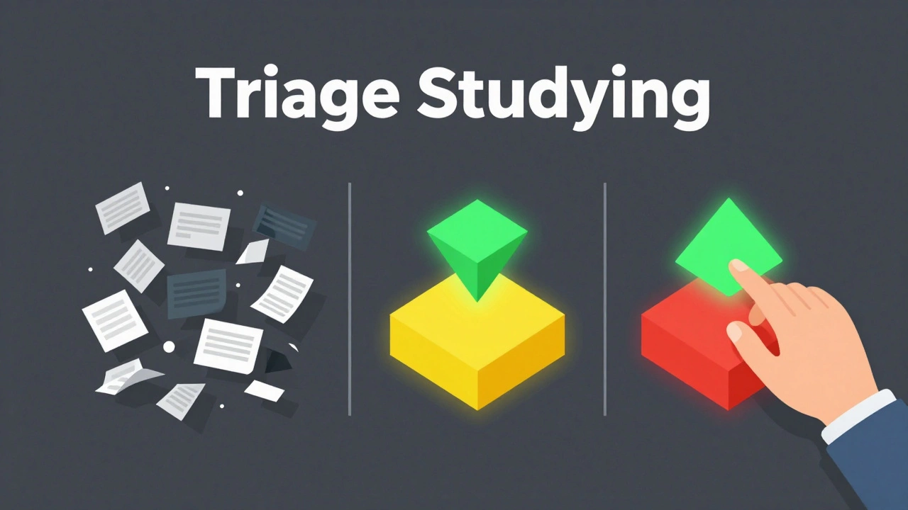 Conceptual 3D illustration of sorting study topics into green, yellow, and red categories.